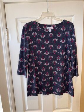 Denim & Co Gray Floral Print Shirt with Fuchsia Accents